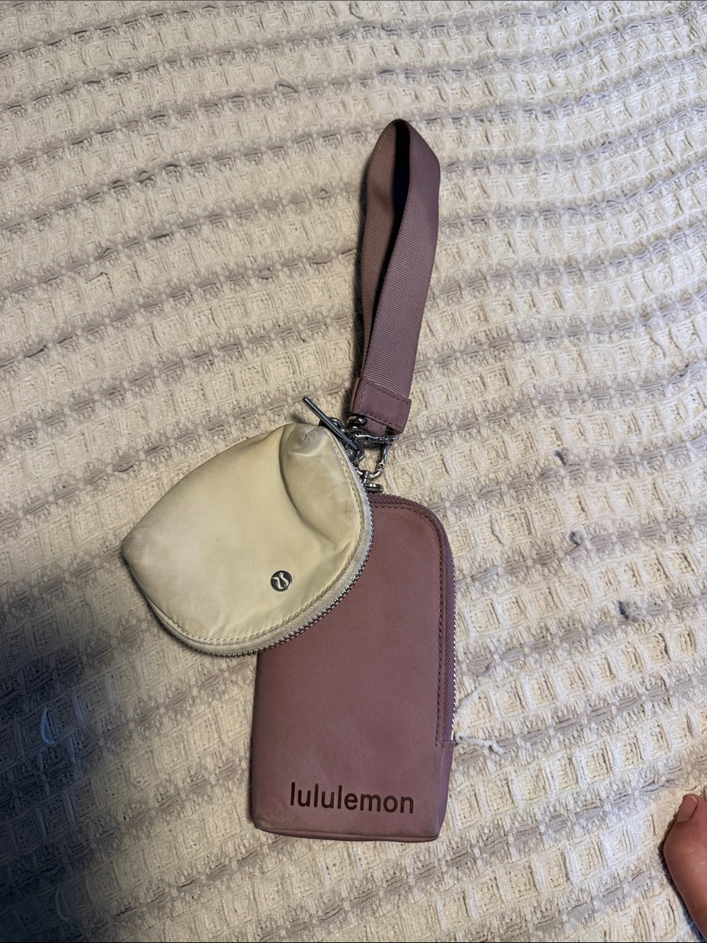 lululemon mauve wristlet with cream coin pouch